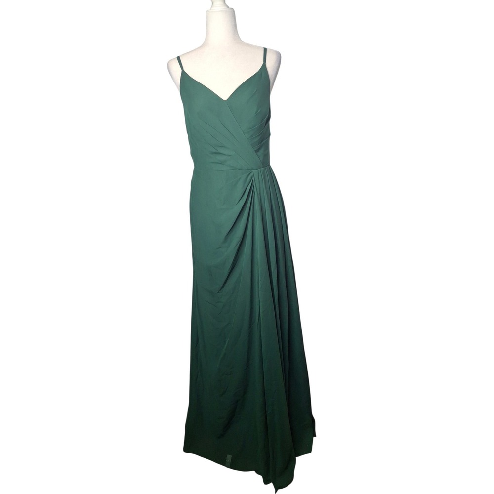 JJ's House Forest Green Chiffon Pleated V-Neck Maxi Bridesmaid Dress Sleeveless*